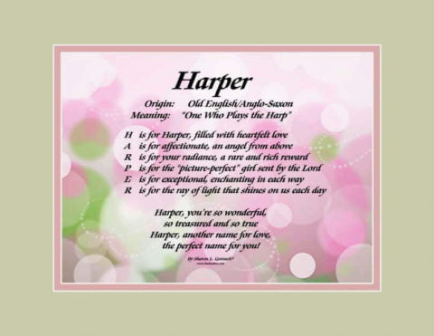 Meaning of the name Harper on LindseyBoo Sparkles Background with Sage and Pink mats