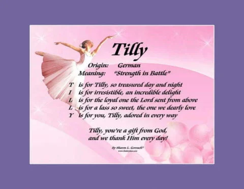 Meaning of the name Tilly shown on LindseyBoo Ballerina background with a purple mat