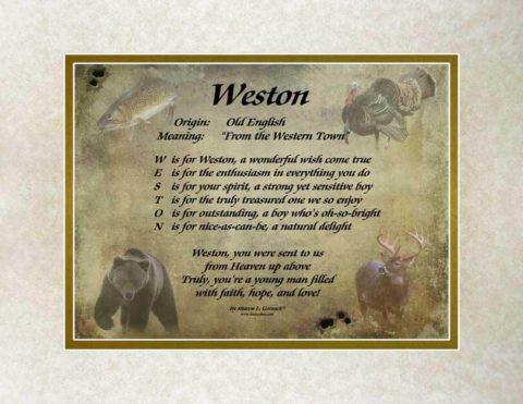 Meaning of the name Weston shown on LindseyBoo Hunting background with Beige and Gold mats