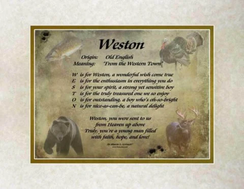 Meaning of the name Weston shown on LindseyBoo Hunting background with Beige and Gold mats