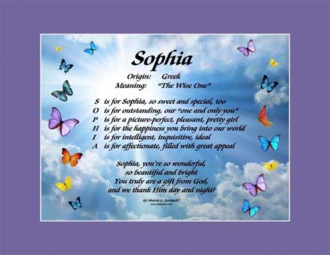 Meaning of the name Sophia shown on the Butterfly background with a purple mat