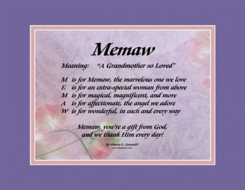 The name Memaw on LindseyBoo Ribbons and Lace background with purple and pink mats