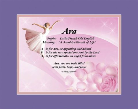 The name Ava on LindseyBoo Ballerina background with purple and pink mats
