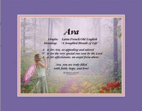 The name Ava shown on LindseyBoo Fairy background with purple and pink mats