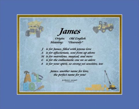 Meaning of the name The name James shown on LindseyBoo All Boy background with blue and gold mats