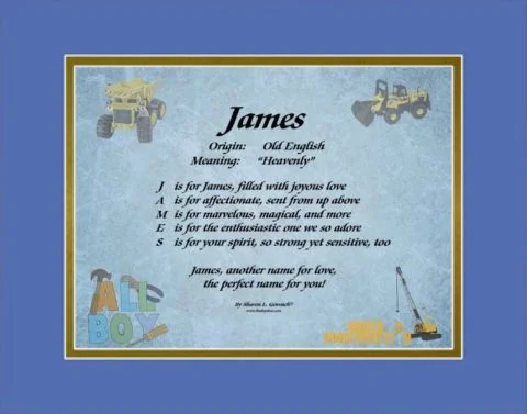 Meaning of the name The name James shown on LindseyBoo All Boy background with blue and gold mats