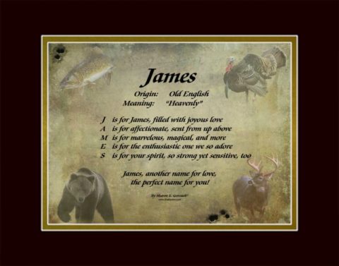 The name James shown on LindseyBoo hunting background with black and gold mats